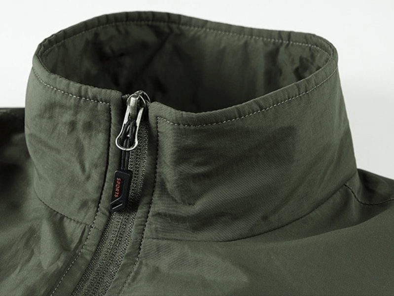 Close-up of men's quick-dry nylon waistcoat with stand collar and zipper, featuring practical style for casual wear.